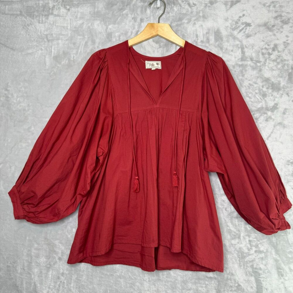 Milie Resort Charlie Top Womens XS Clay Red V Neck Balloon Sleeve Cotton Boho